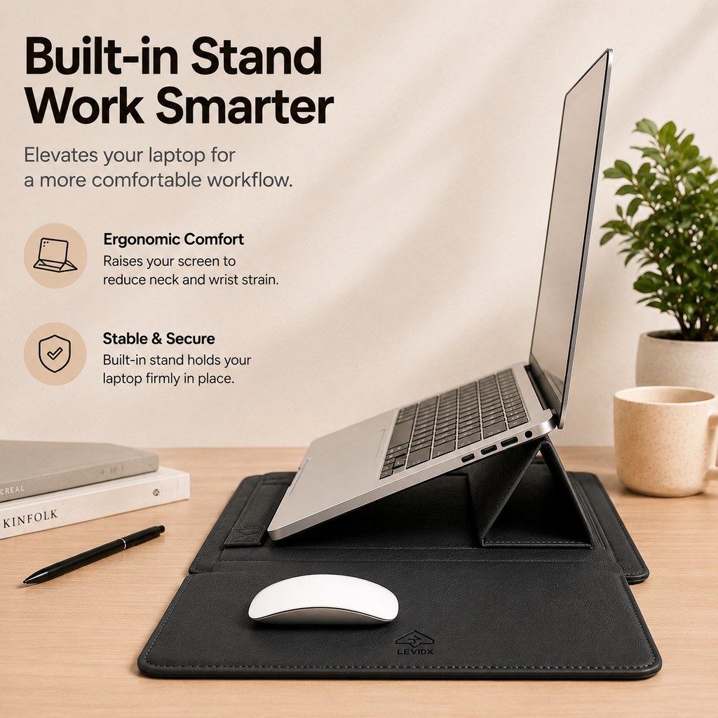 3 in 1 Laptop Sleeve with Built-in Stand & Extendable Mouse Pad Premium Vegan/PU Leather  Water & Scratch Resistant Shockproof Slim Protective Multifunctional Case for Up to 14 Inch Laptops