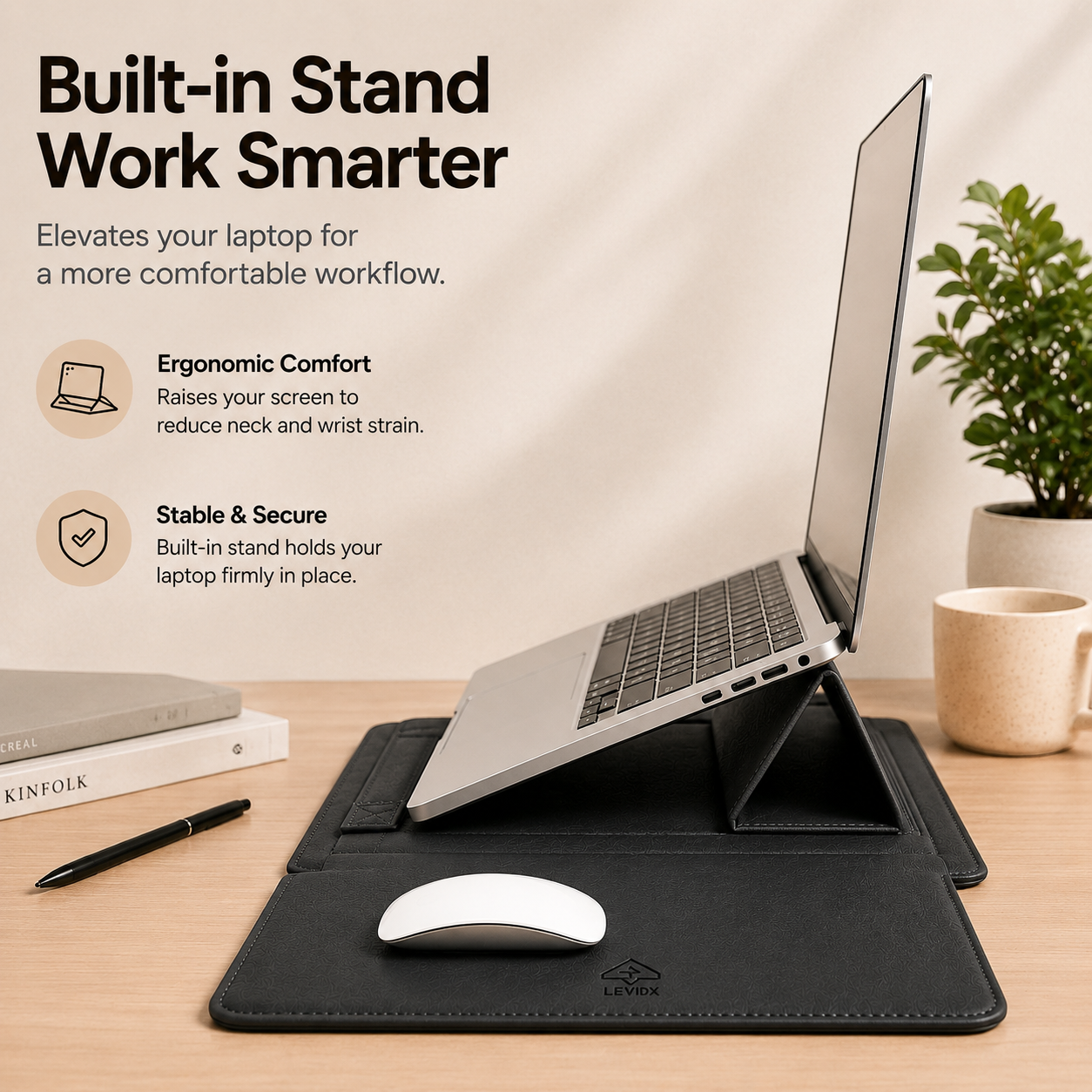 3 in 1 Laptop Sleeve with Built-in Stand & Extendable Mouse Pad Premium Vegan/PU Leather  Water & Scratch Resistant Shockproof Slim Protective Multifunctional Case for Up to 14 Inch Laptops