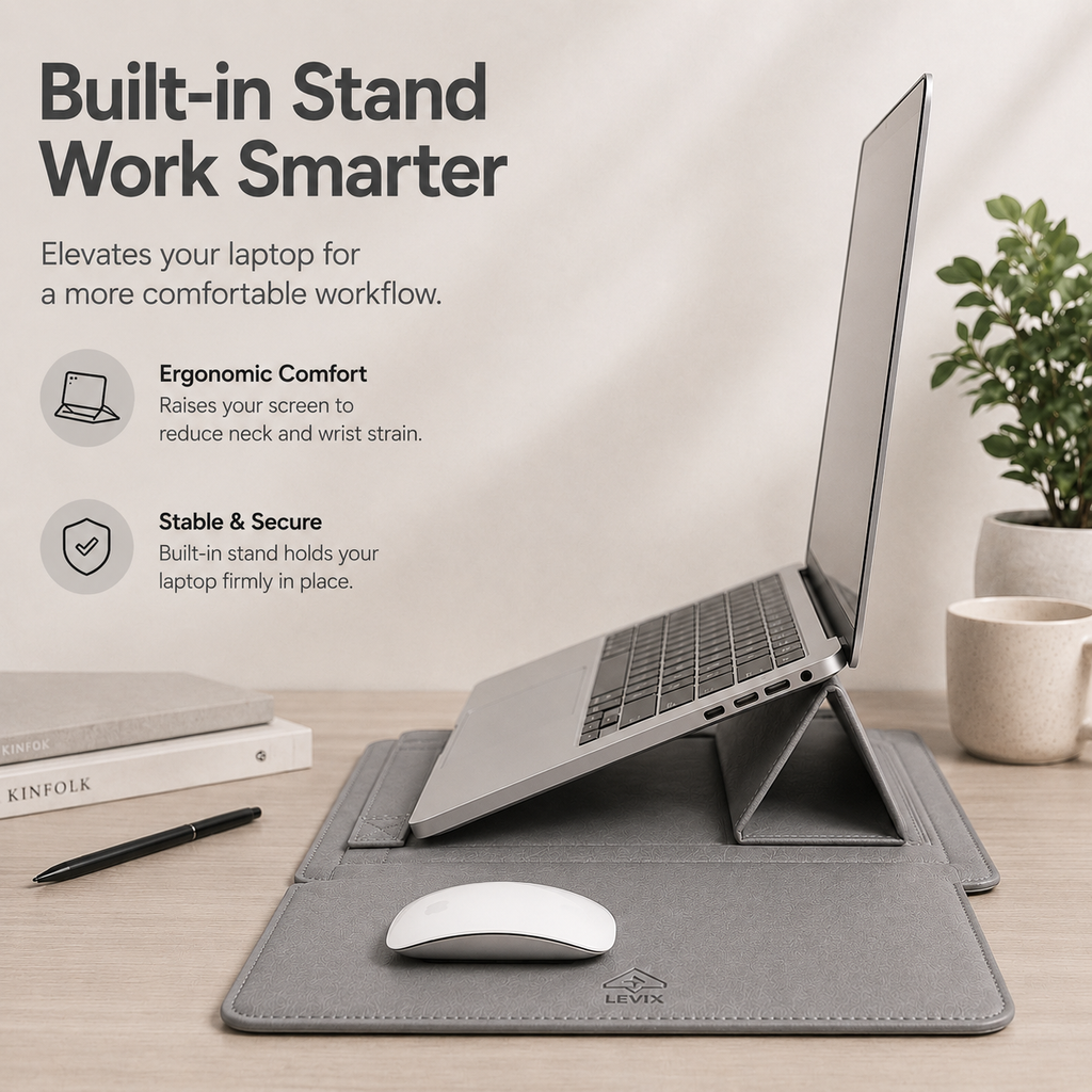 3 in 1 Laptop Sleeve with Built-in Stand & Extendable Mouse Pad Premium Vegan/PU Leather  Water & Scratch Resistant Shockproof Slim Protective Multifunctional Case for Up to 14 Inch Laptops