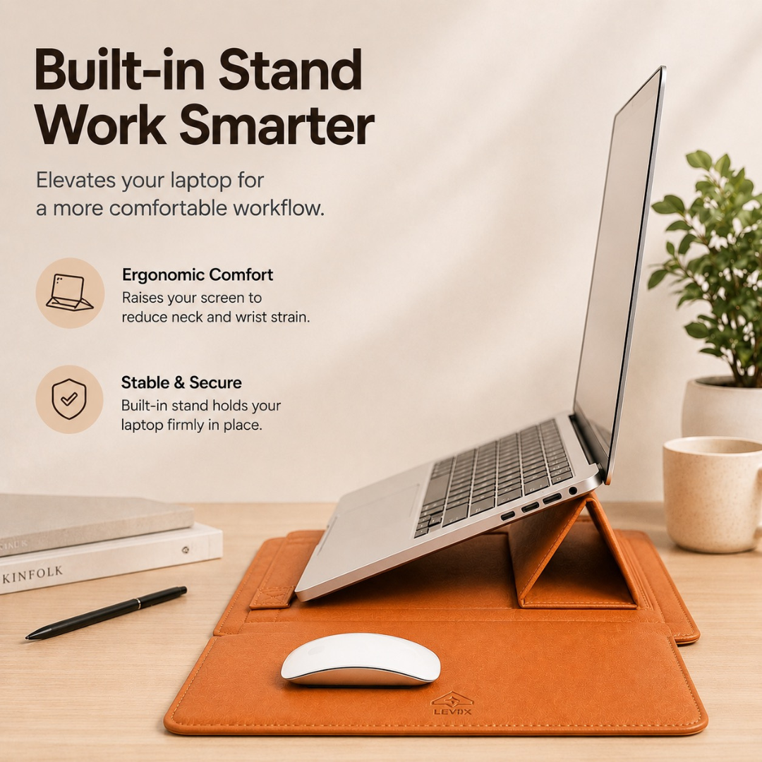 3 in 1 Laptop Sleeve with Built-in Stand & Extendable Mouse Pad Premium Vegan/PU Leather  Water & Scratch Resistant Shockproof Slim Protective Multifunctional Case for Up to 14 Inch Laptops